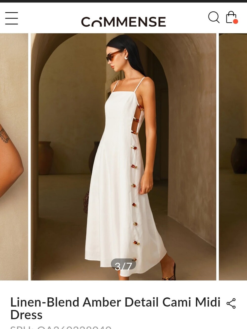 Commense White Cami Midi Dress with Amber Side Accents